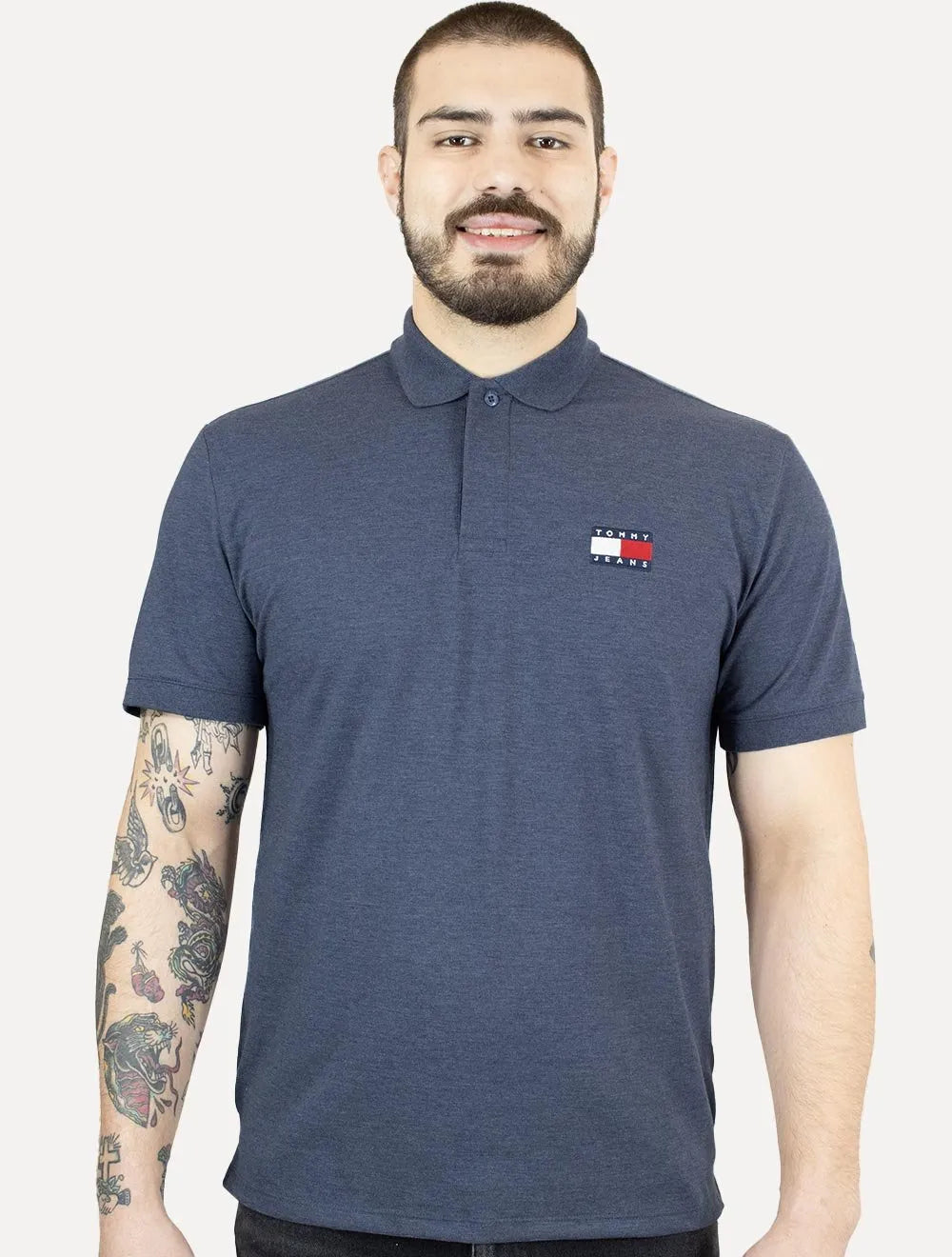 Polo Tommy Jeans Masculina Regular Heather XS Badge Marinho Mescla