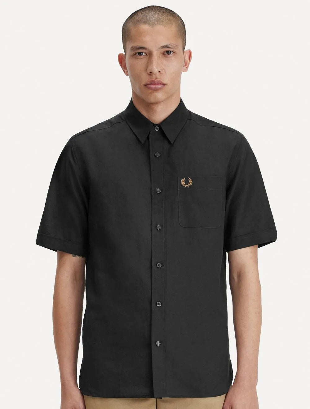 Camisa Fred Perry Masculina Manga Curta Linen Blend Verde Escuro