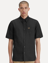 Camisa Fred Perry Masculina Manga Curta Linen Blend Verde Escuro