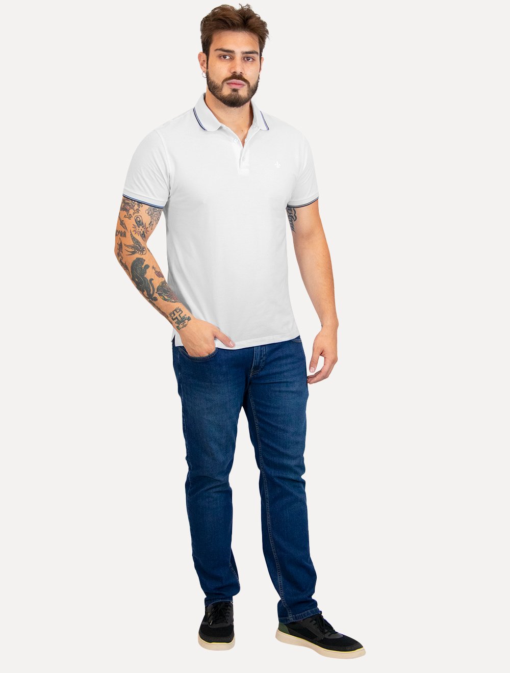 Polo Dudalina Masculina Piquet Essentials Frisos Branca