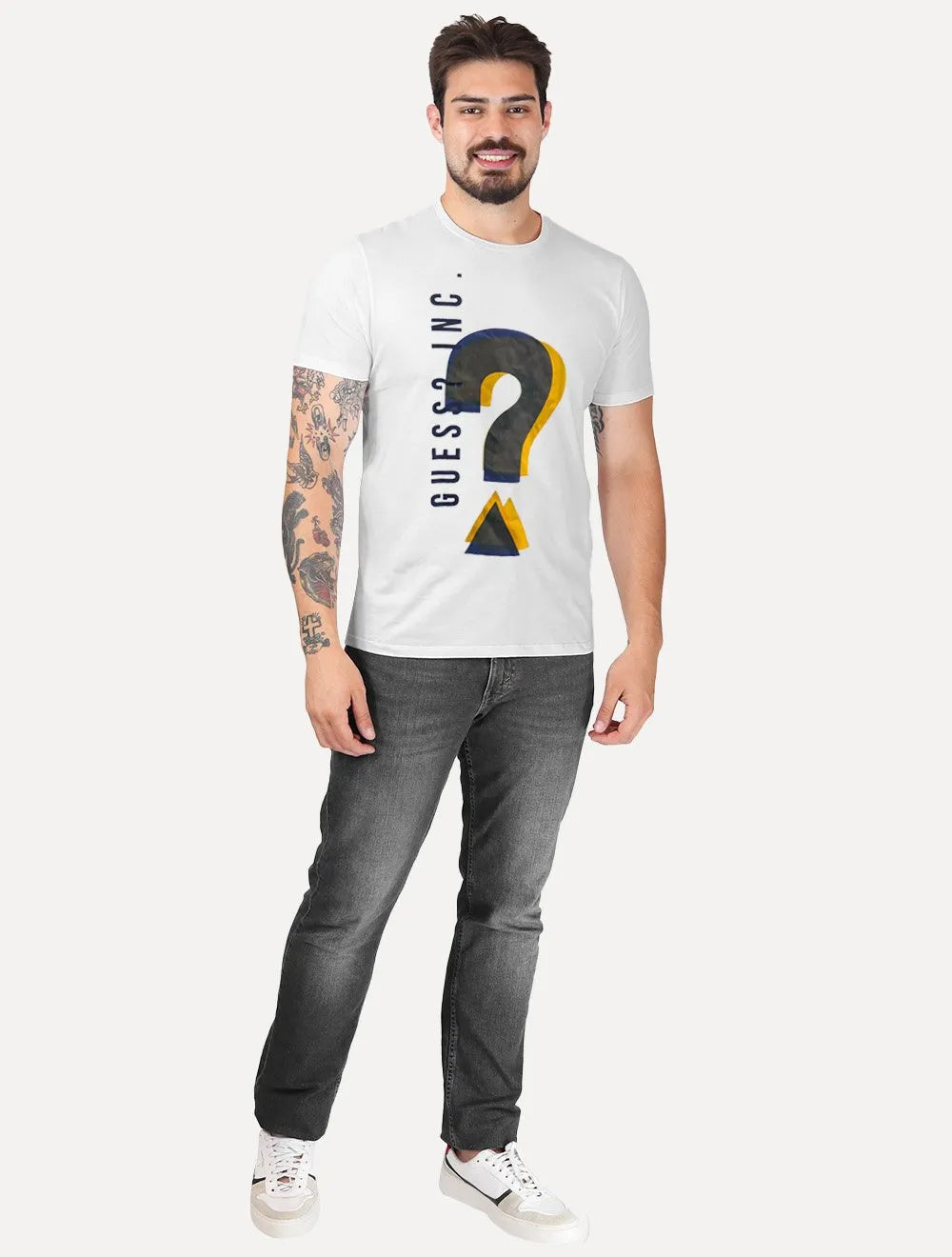Camiseta Guess Masculina Logo Inc Question Branca