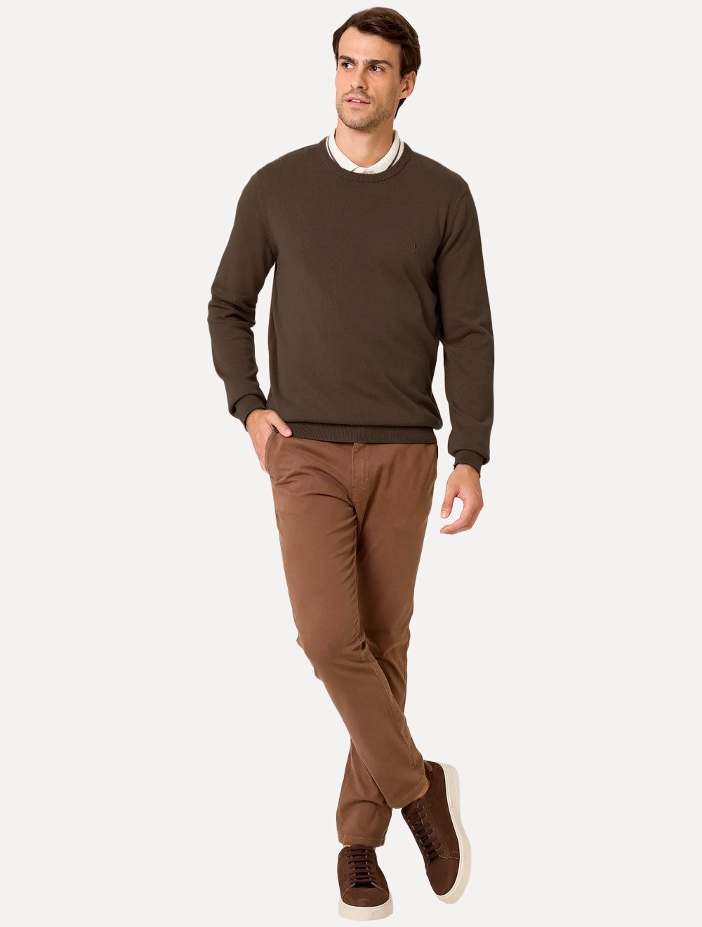 Suéter Dudalina Masculino Tricot Crewneck Basico Marrom Escuro
