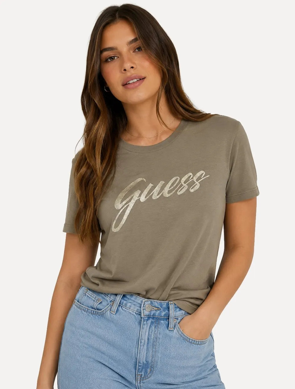Camiseta Guess Feminina Signature Bright Logo Marrom Claro