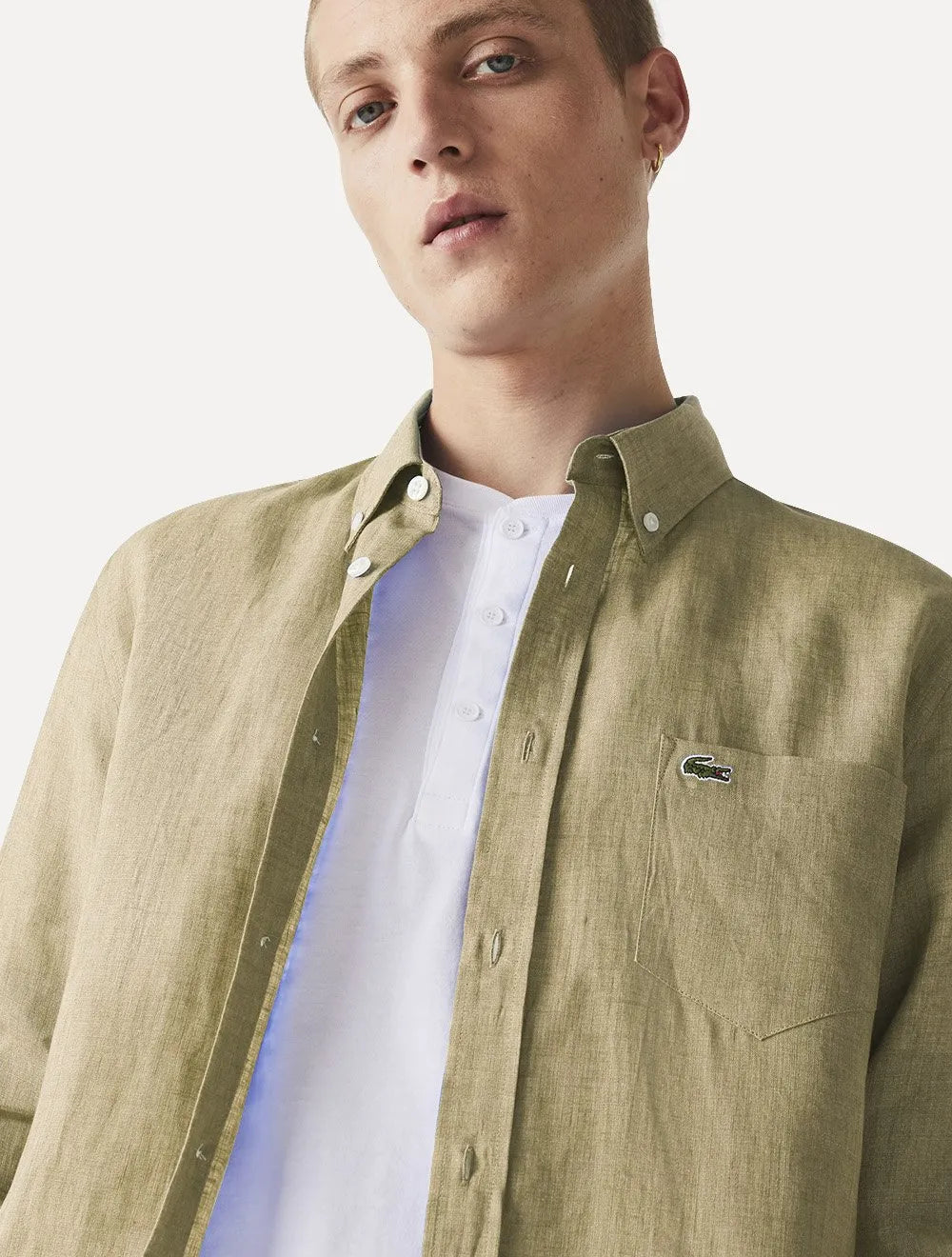 Camisa Lacoste Masculina Regular Classica Pocket Linho Cáqui