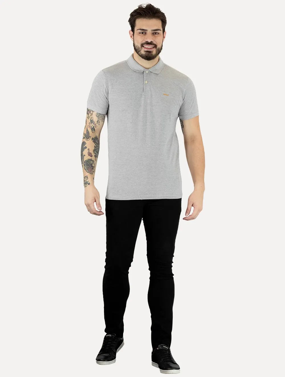 Polo Colcci Masculina Piquet Orange Logo Cinza Mescla Claro