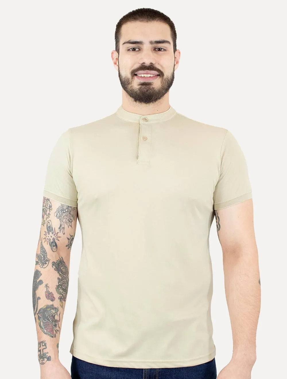 Polo Dixen Masculina Piquet Gola Padre Lisa Cáqui Claro
