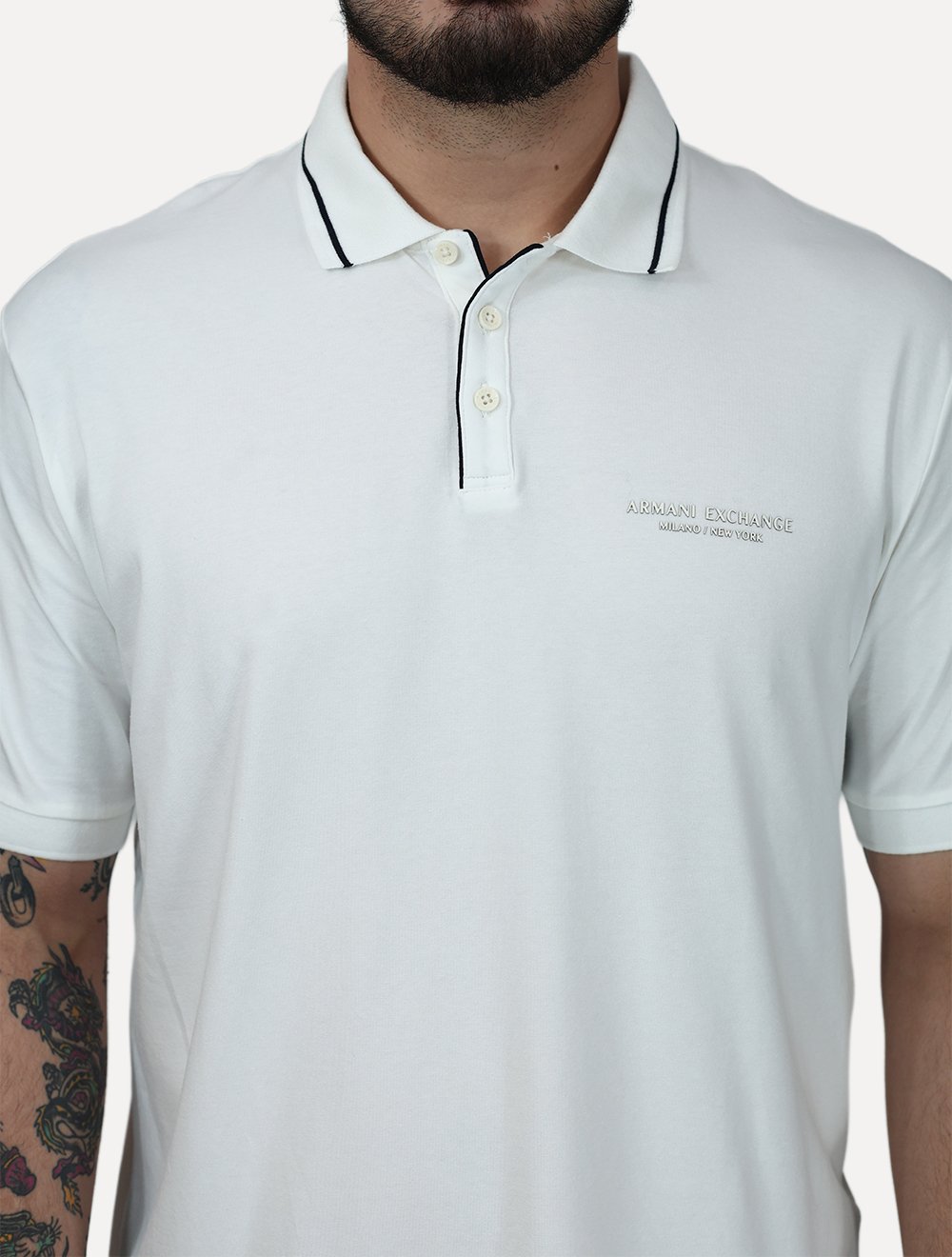 Polo Armani Exchange Masculina Regular Fit Jersey Off White