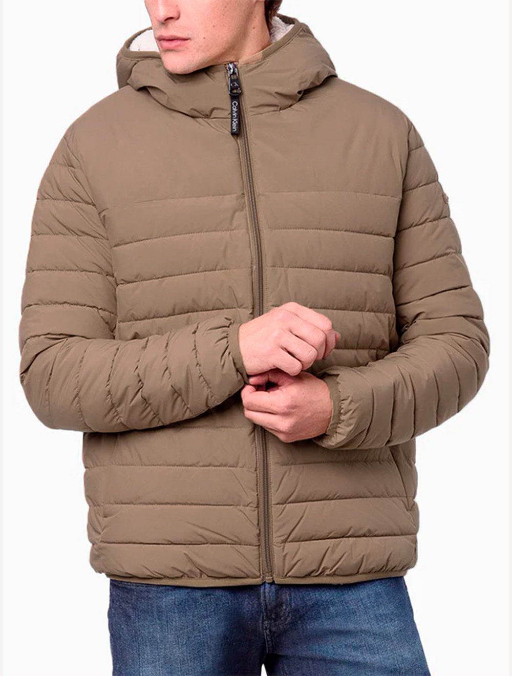 Jaqueta Calvin Klein Masculina Hoodie Matelassê Sherpa Cáqui