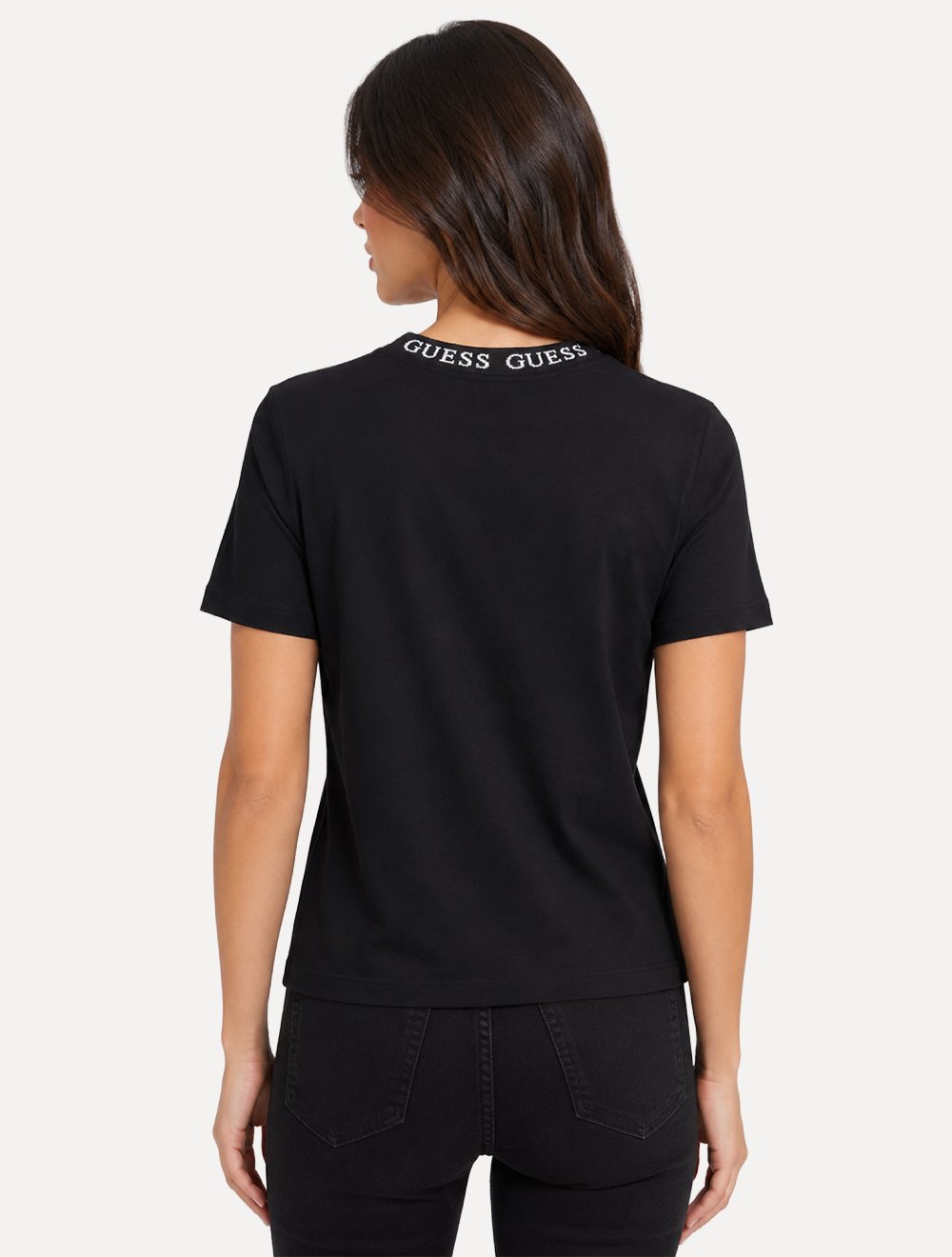 Camiseta Guess Feminina Textured Collar Logo Preta