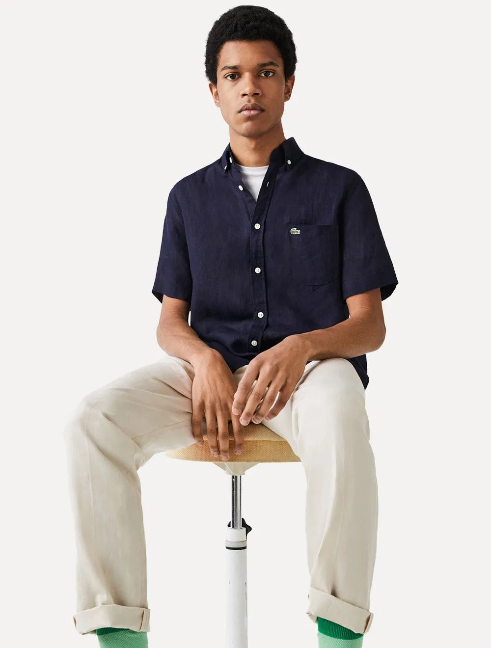 Camisa Lacoste Masculina Manga Curta Regular Linho Azul Marinho