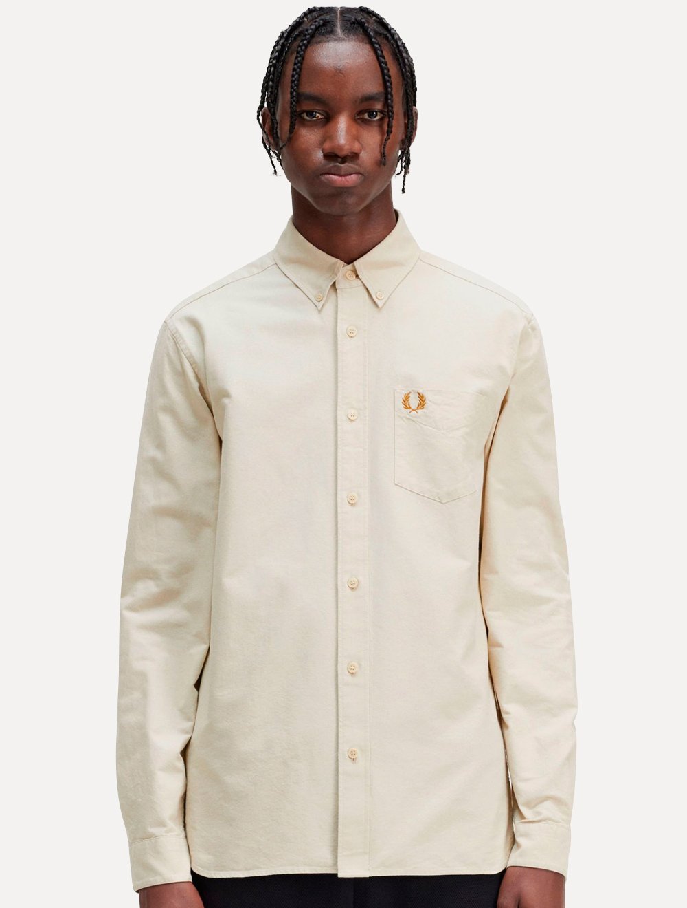 Camisa Fred Perry Masculina Oxford Pocket Black Logo Cáqui Claro