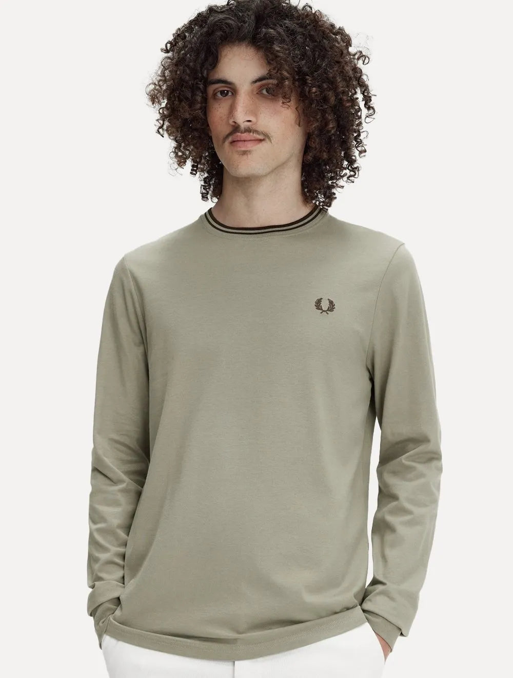 Blusa Fred Perry Masculina Regular Manga Longa Twin Tipped Areia