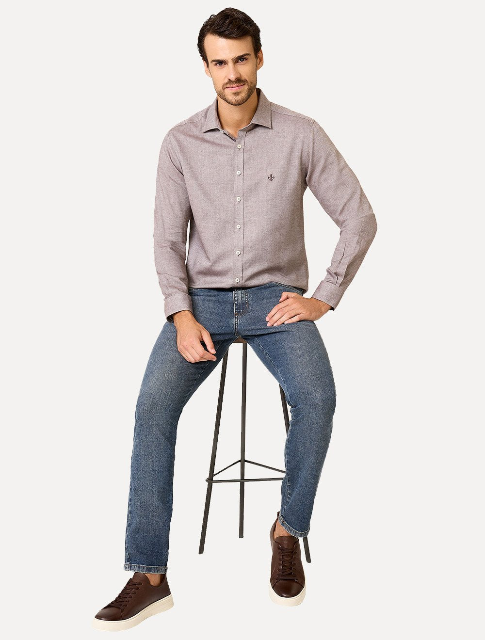 Camisa Dudalina Masculina Slim Fit Superfine Cotton Marrom Médio Mescla