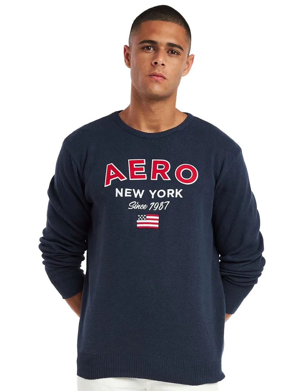 Blusa Aeropostale Masculina Tricot Aero Patch US Flag Azul Marinho