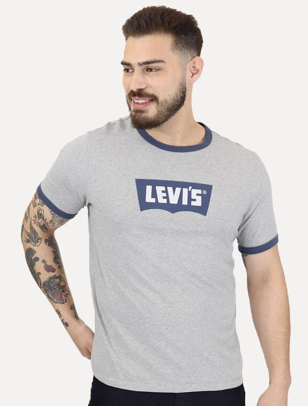 Camiseta Levis Masculina Standard Ringer Azul Cinza Mescla