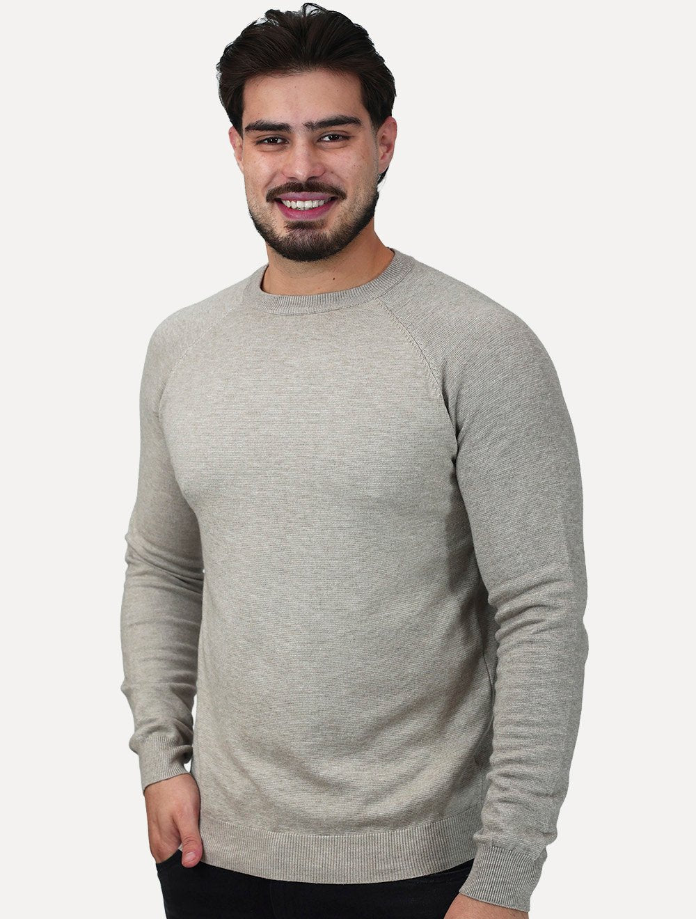 Suéter Dixen Masculina Tricot Manga Longa Raglan Gola Careca Areia
