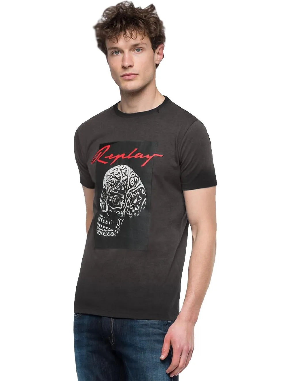 Camiseta Replay Masculina Helmet Skull Grafite