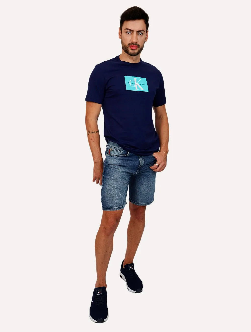 Bermuda Ellus Jeans Masculina Dark Indigo Elastic Long Médio