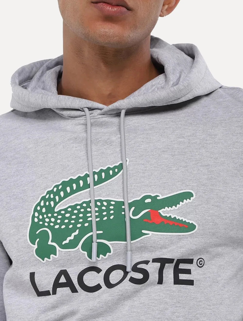 Moletom Lacoste Masculino Hoodie Classic Fit Cotton Fleece Logo Cinza Mescla