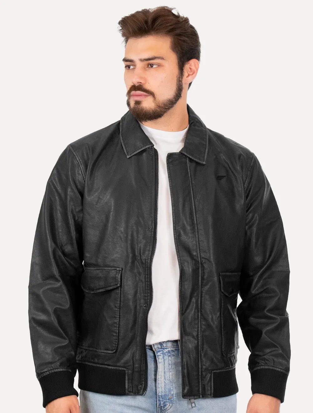 Jaqueta Ellus Masculina PU Leather Washed New Aviator Preta