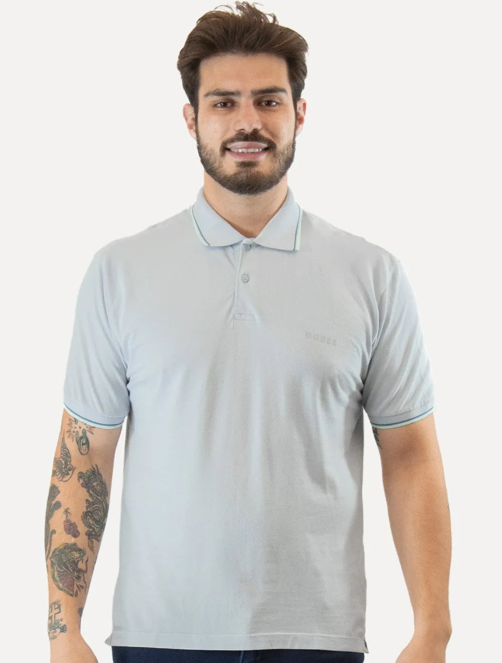 Polo Guess Masculina Piquet Frieze Logo Relief Azul Claro