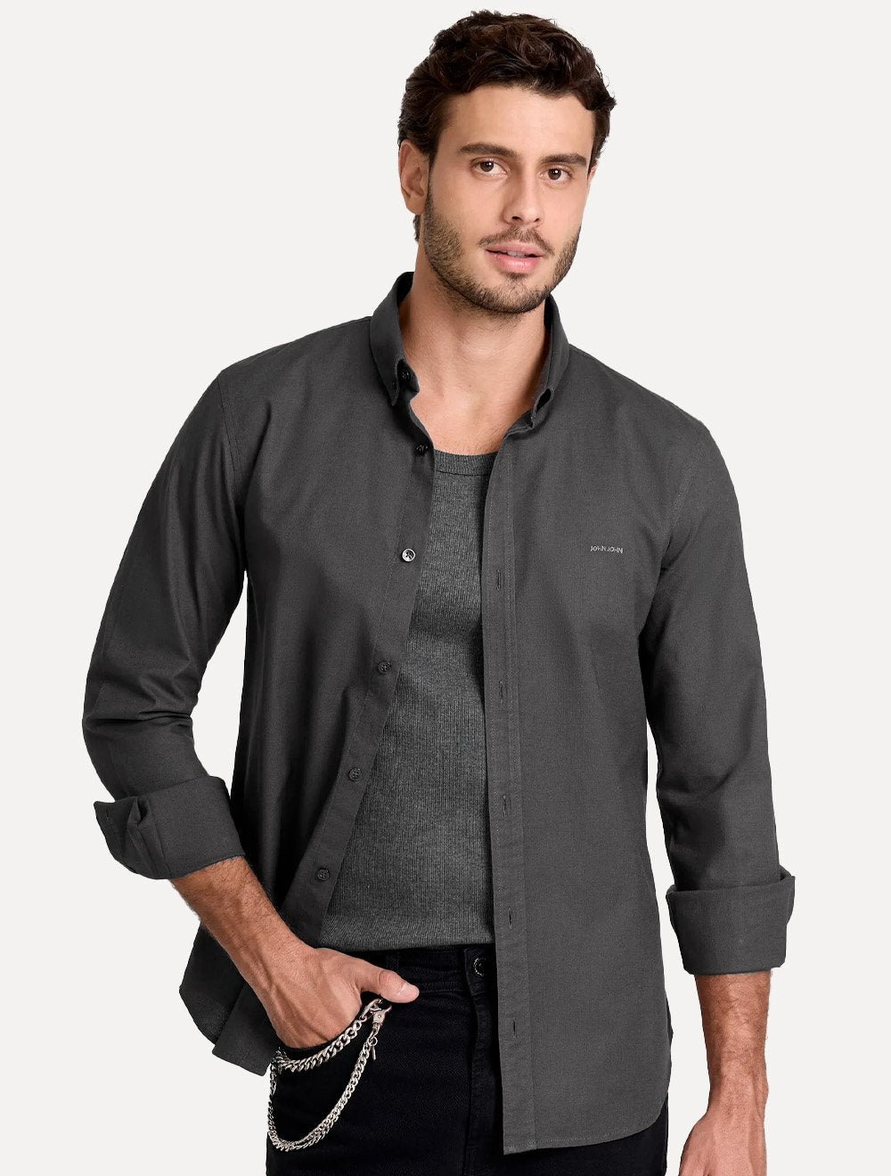Camisa John John Masculina Slim Oxford Dark Logo Cinza Escuro