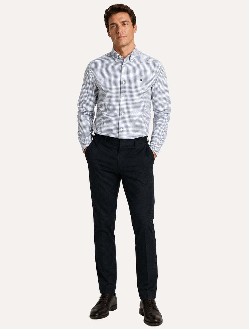 Camisa Tommy Hilfiger Masculina Oxford Regular Gingham Branca/Azul Claro