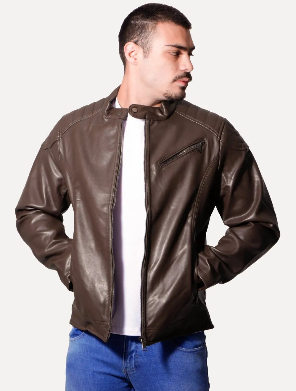 Jaqueta Victory Eagle Masculina PU Leather Zip Chest Marrom