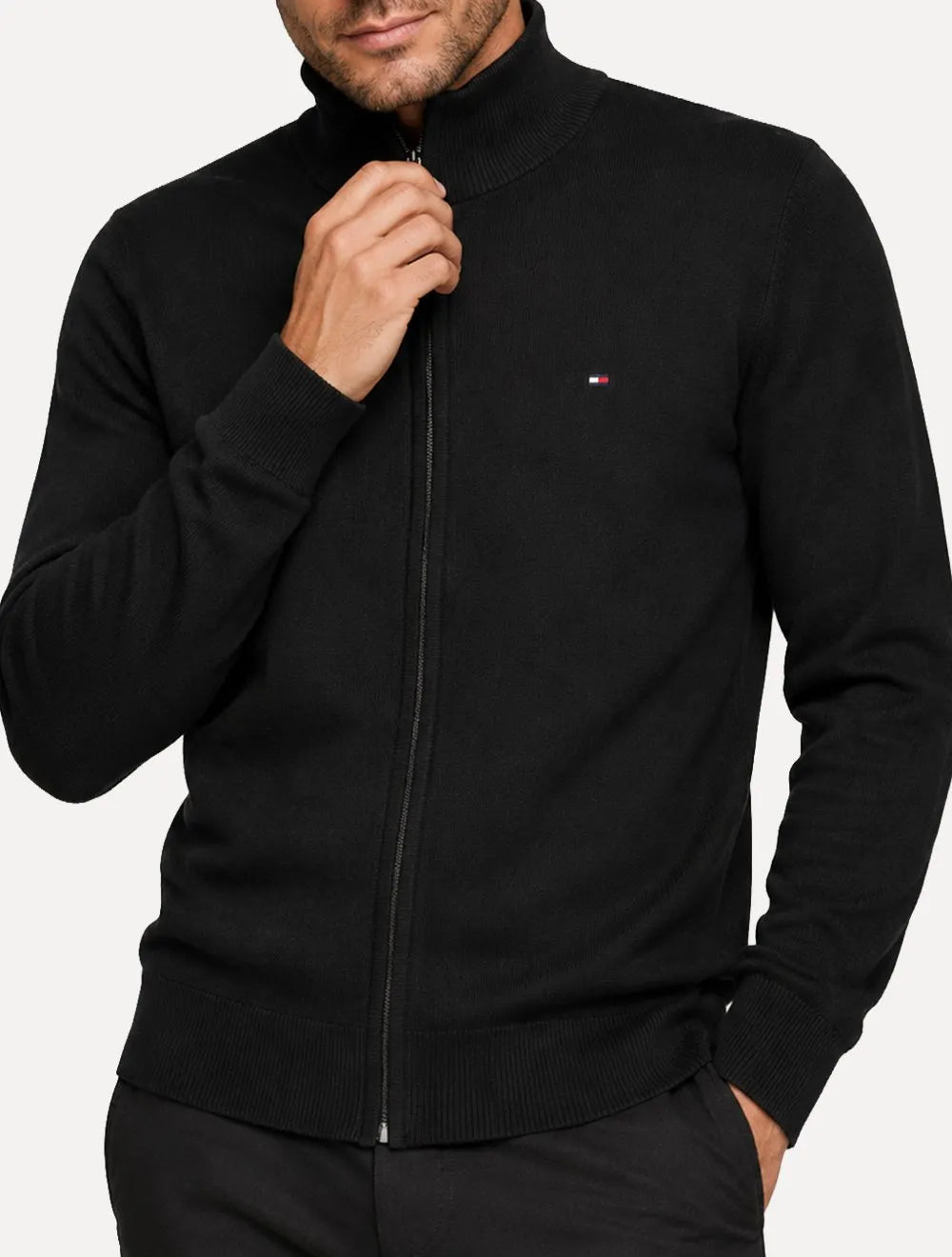 Suéter Tommy Hilfiger Masculino Essential Cotton Zip Through Preta