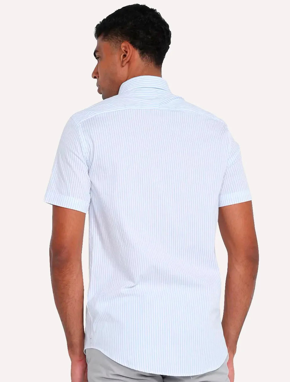 Camisa Tommy Hilfiger Masculina Manga Curta Regular Listrada Oxford Azul Claro