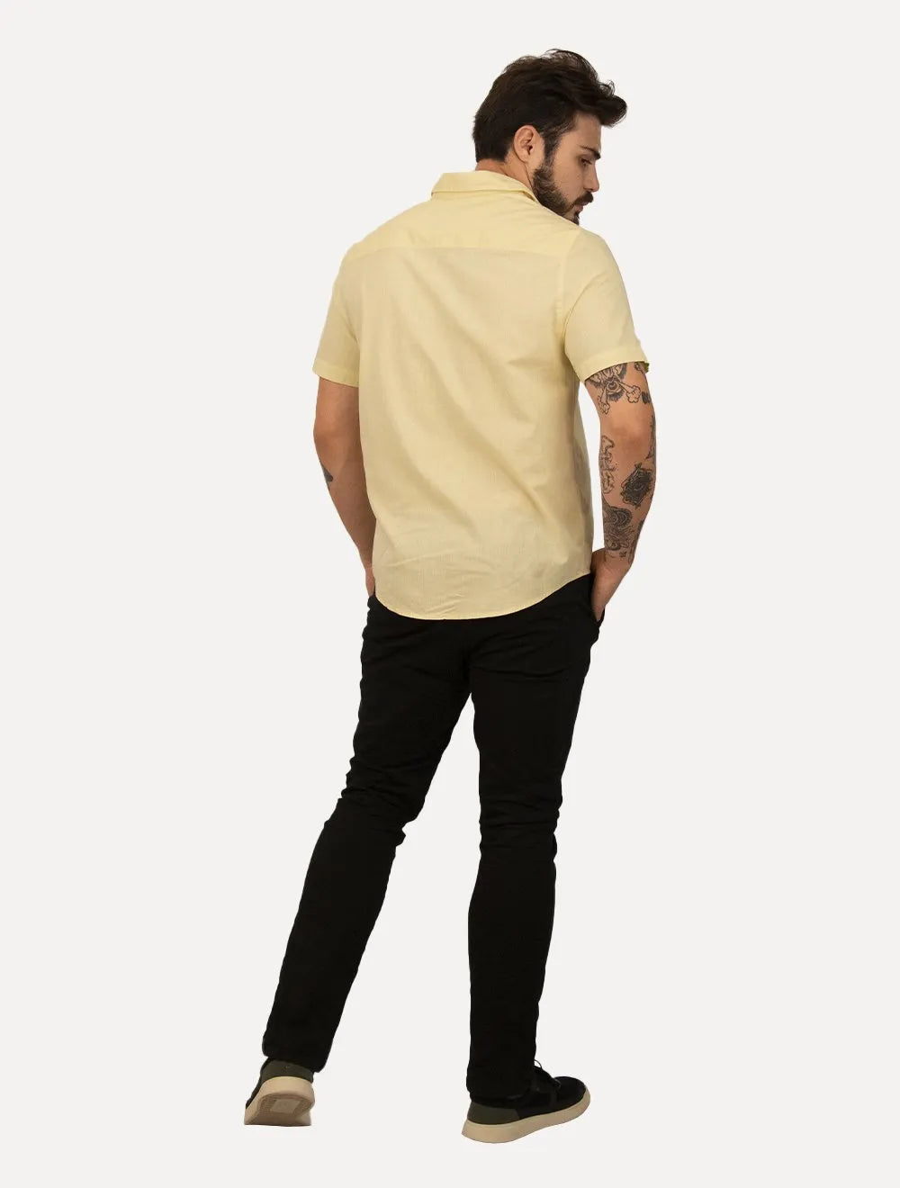 Camisa John John Masculina Regular Manga Curta Marc Linen Blend Amarela