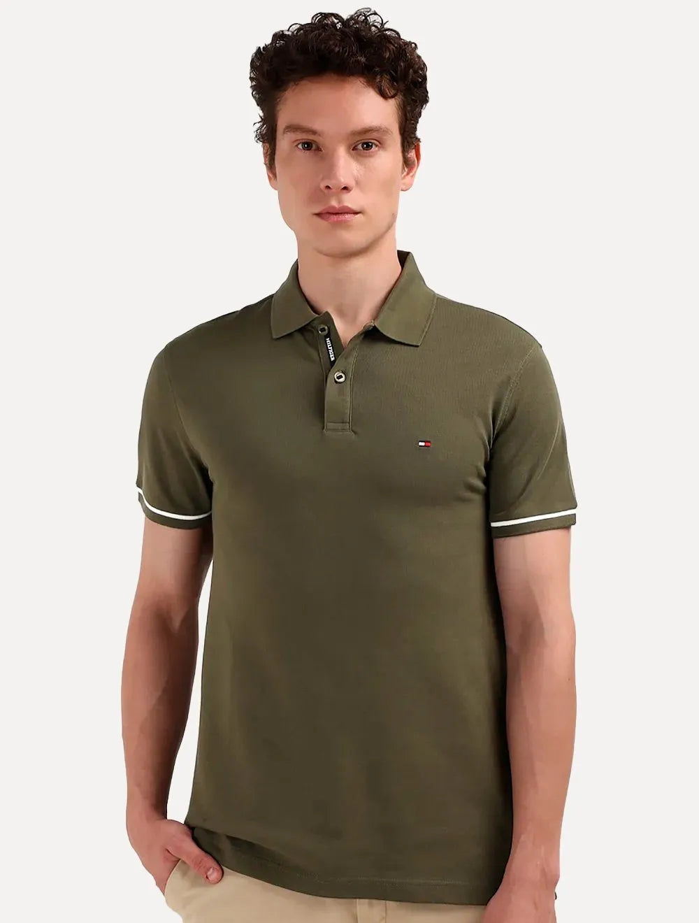 Polo Tommy Hilfiger Masculina Regular Piquet Under Placket Detail Verde Militar