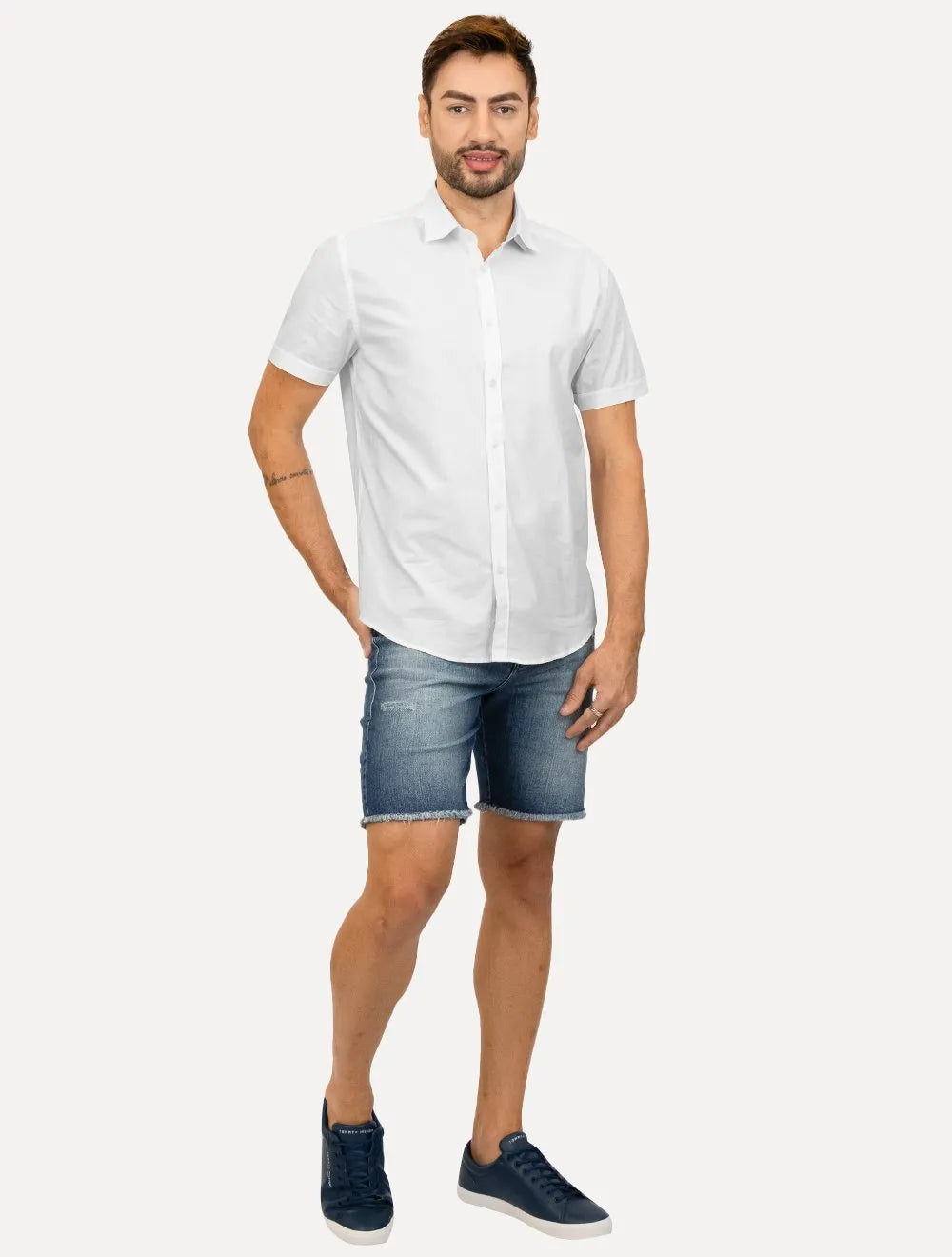 Camisa Aramis Masculina Manga Curta Slim Stretch Tricoline Branca