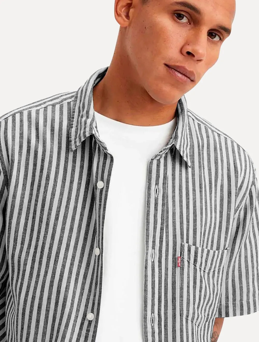 Camisa Levis Masculina Standard Sunset One Pocket Black Stripes Branca
