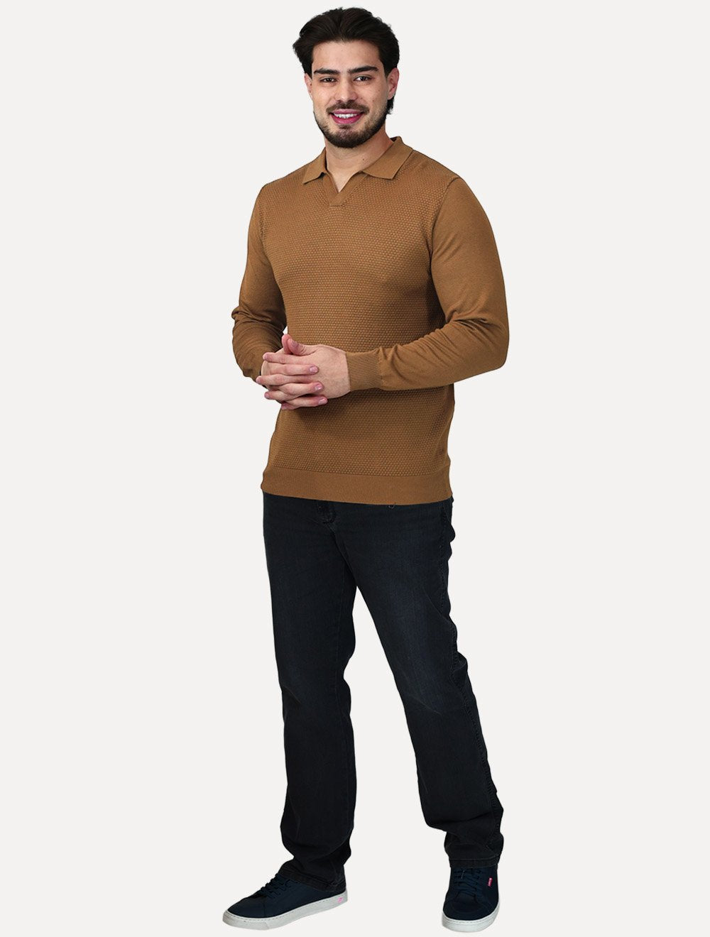 Camiseta Dixen Masculina Tricot Manga Longa Jacquard Seamless Marrom