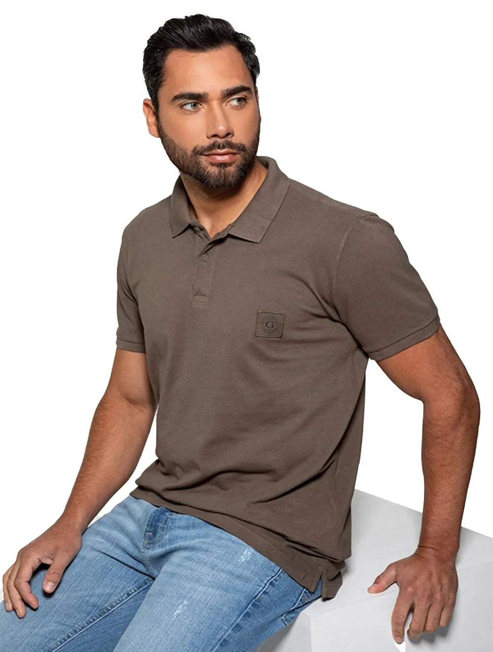 Polo Guess Masculina Piquet Small Patch Grafite