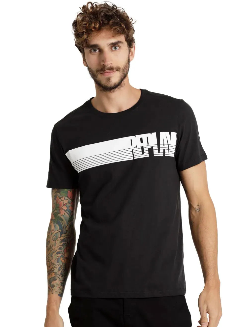 Camiseta Replay Masculina C-Neck Brand Stripes Preta