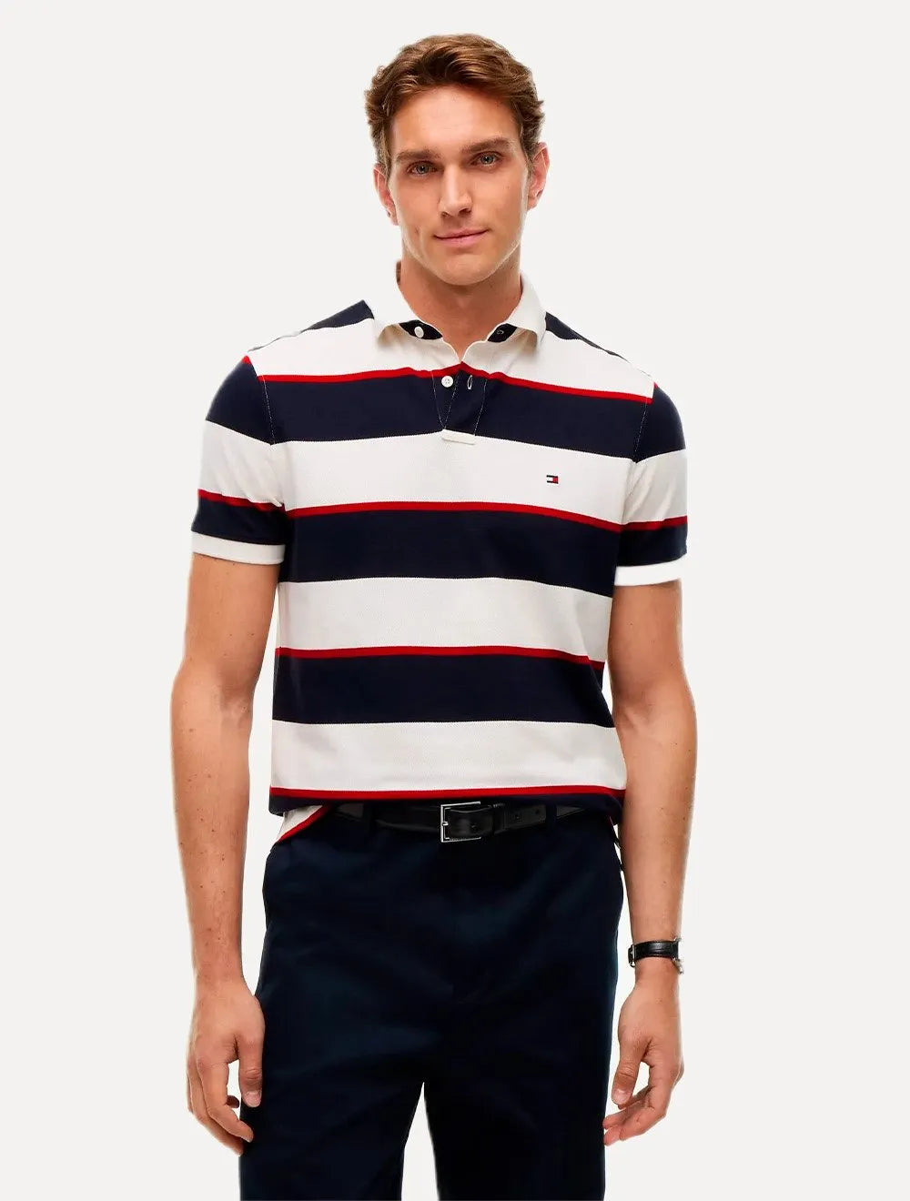 Polo Tommy Hilfiger Masculina Regular Piquet 1985 Striped Cáqui Claro/Marinho