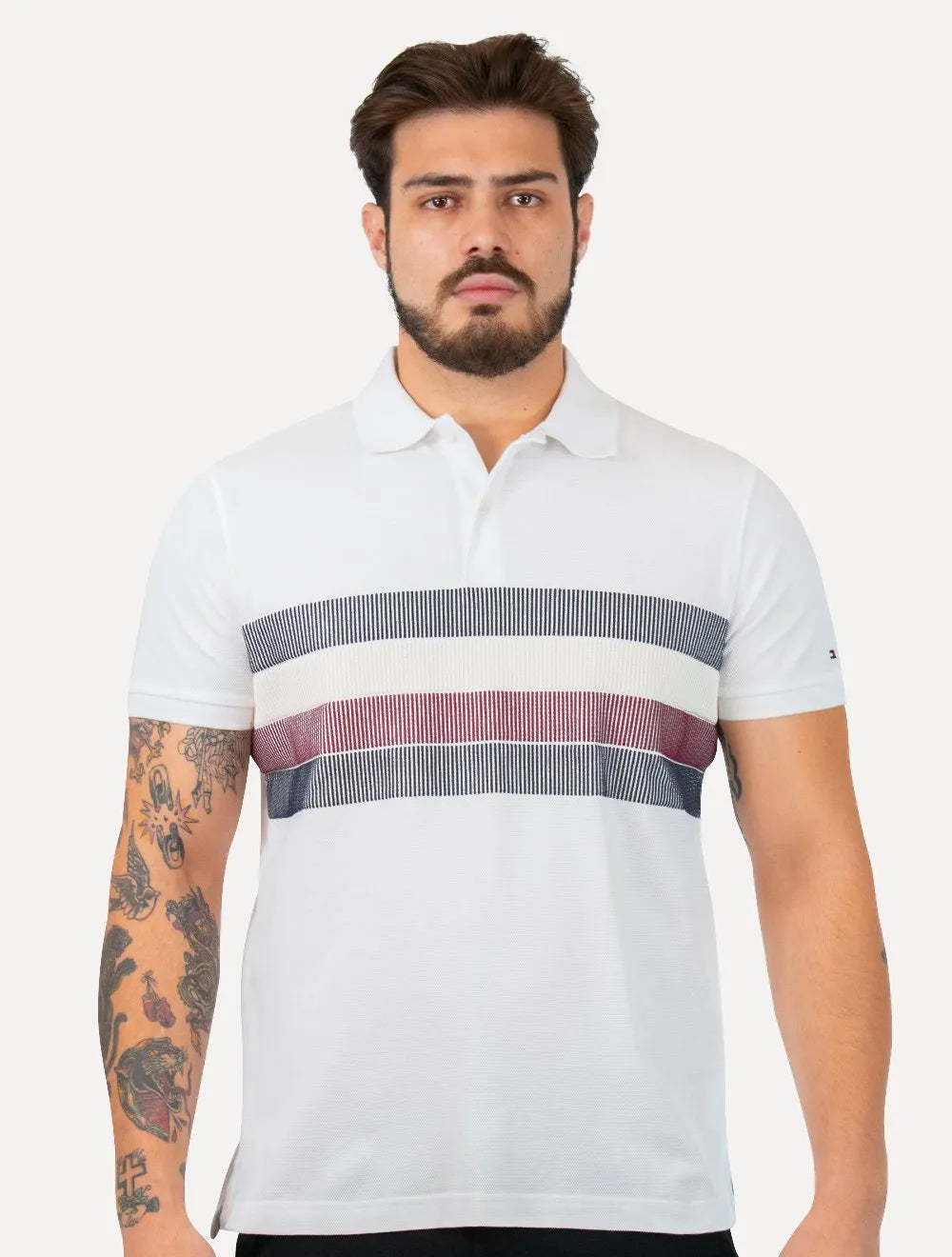 Polo Tommy Hilfiger Masculina Regular Shadow Global Stripe Branca