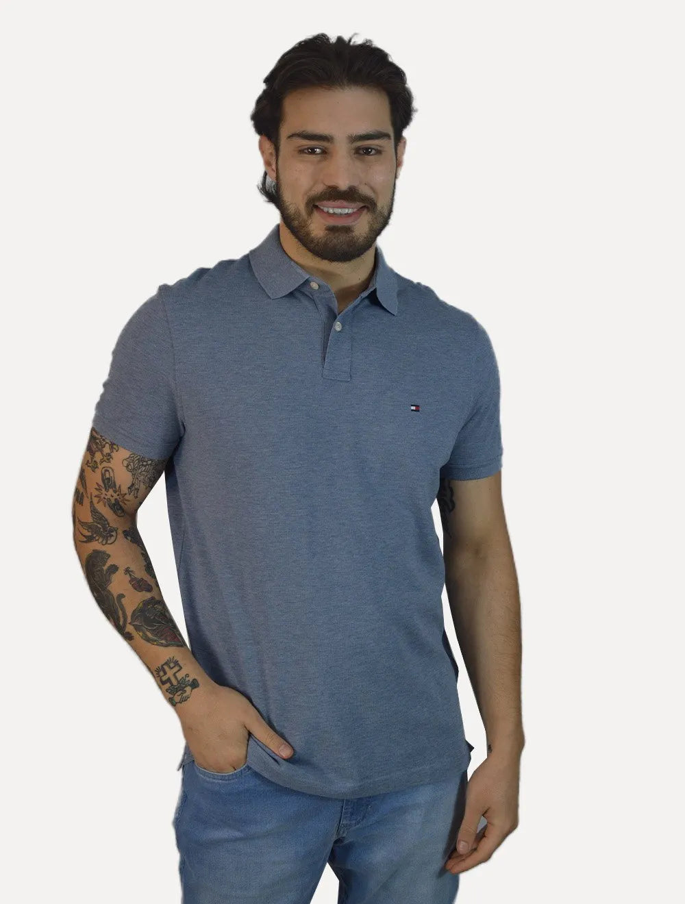Polo Tommy Hilfiger Masculina Regular Piquet 1985 Azul Médio Mescla