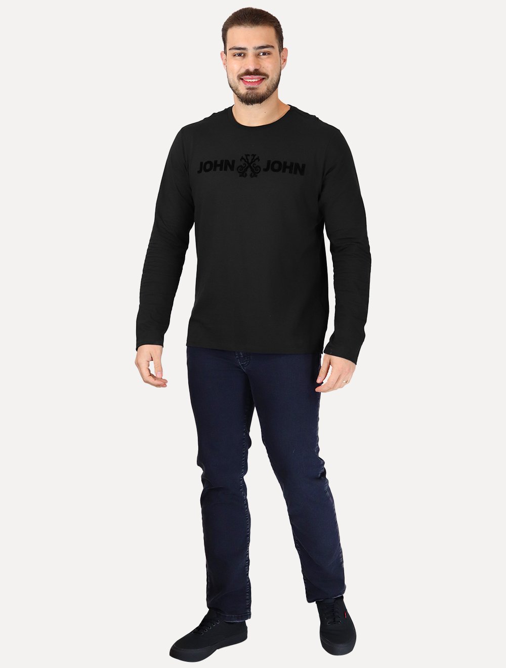 Camiseta John John Masculina Manga Longa Floco JJ Logo Preta