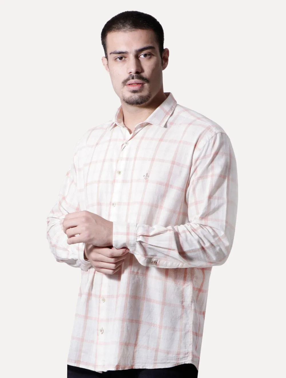 Camisa Dudalina Masculina Comfort Slub Cotton Xadrez Salmão Off-White