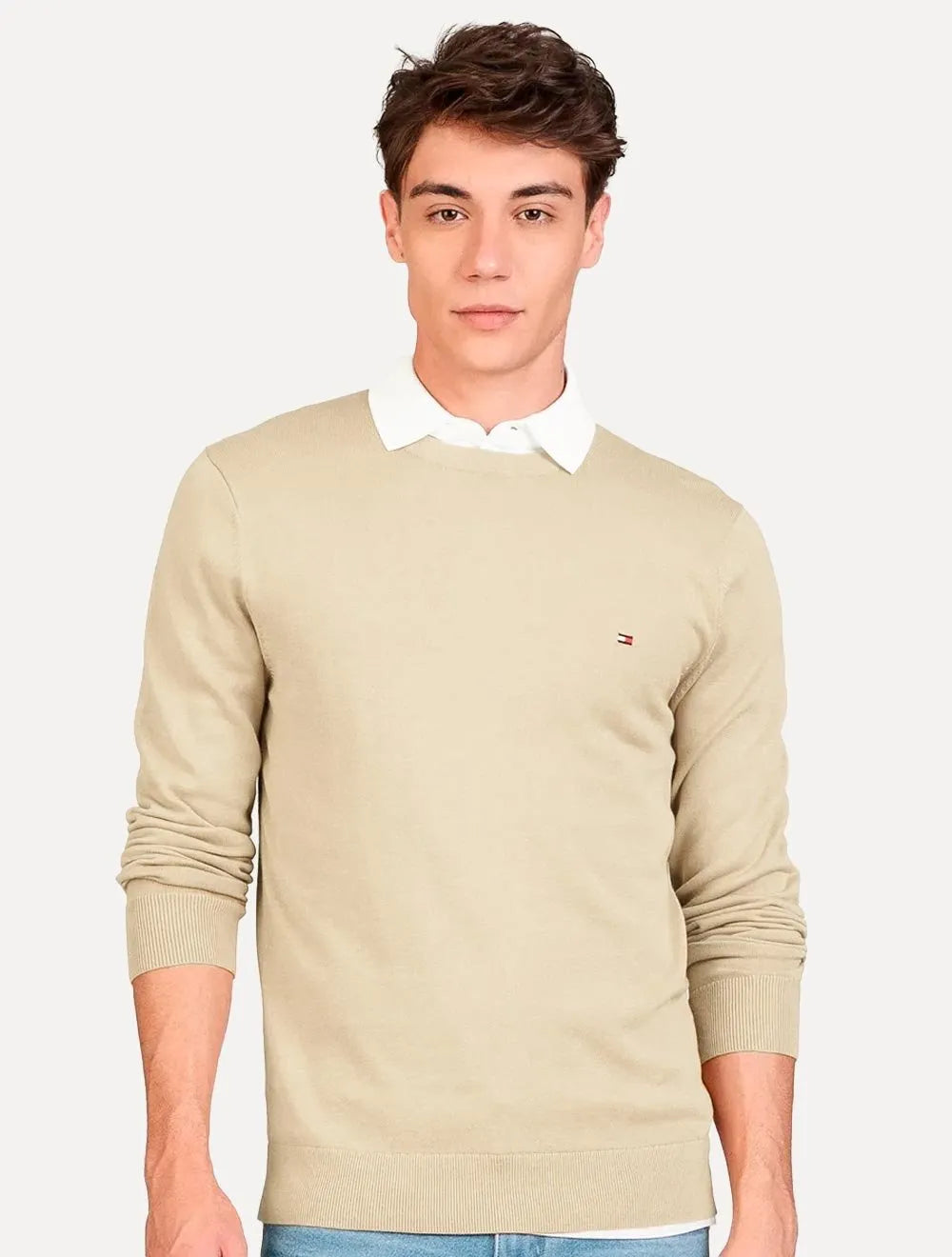 Suéter Tommy Hilfiger Masculino Crewneck Essential Cotton Areia