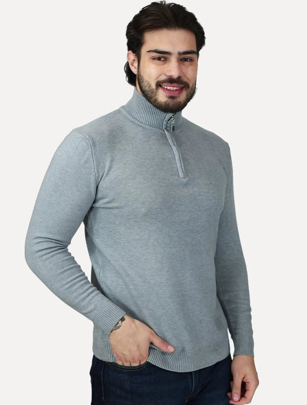 Suéter Dixen Masculino Tricot Half-Zip Gola Alta Cinza