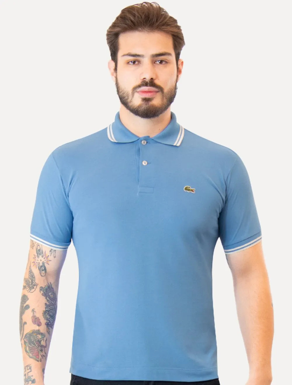 Polo Lacoste Masculina Classic Fit Piquet White Stripes Azul