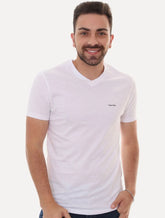 Camiseta Calvin Klein Masculina V-Neck Logo Flamê Branca