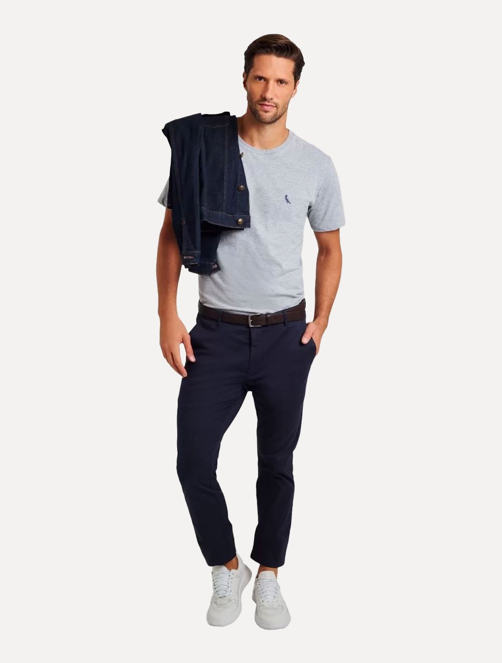 Camiseta Reserva Masculina Regular Paris Neck Logo Cinza Mescla