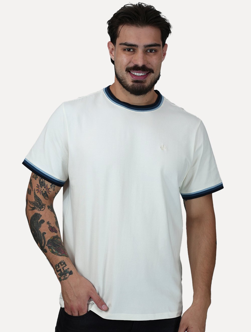 Camiseta Dudalina Masculina Cotton Blue Listra Gola Off White