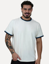 Camiseta Dudalina Masculina Cotton Blue Listra Gola Off White