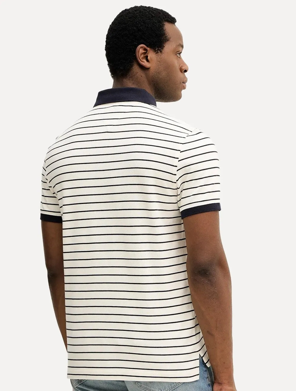 Polo Tommy Hilfiger Masculina Slim Piquet 1985 Striped Azul Marinho/Areia